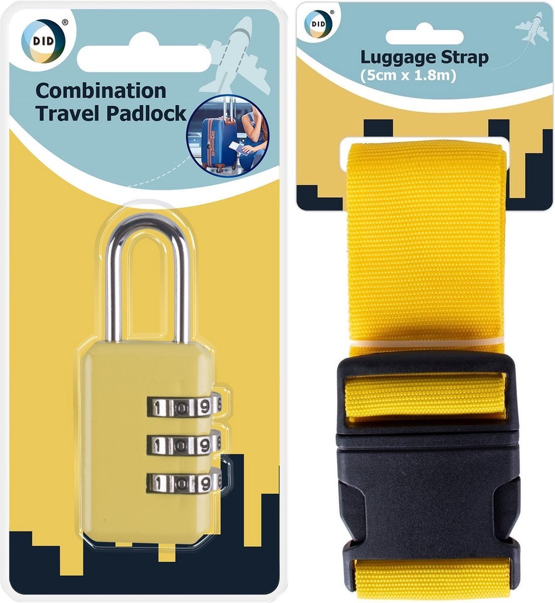 Bagageslot/cijferslot en kofferriem set voor reistassen en koffers - geel - veilig op reis