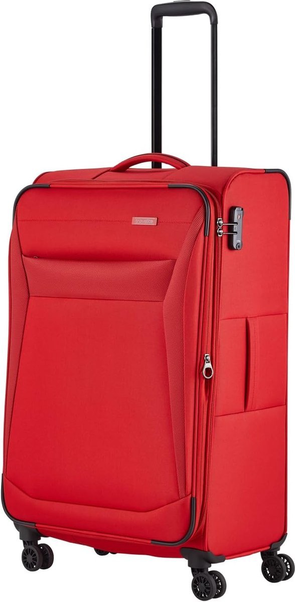 Koffer met 4 wielen maat L softshell, bagageserie met uitklapvouw + randbescherming, trolley in tijdloze look, 78 cm, 90 - 97 liter, rood