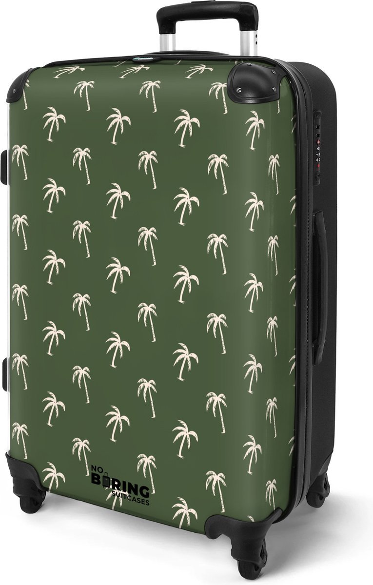 NoBoringSuitcases.com® - Koffer groot - Rolkoffer lichtgewicht voor mannen - Groen met beige palmbomen print - Reiskoffer met 4 wielen - Grote reis trolley XL - Luggage suitcase - Hardcase reistrolley medium - 20 kg bagage