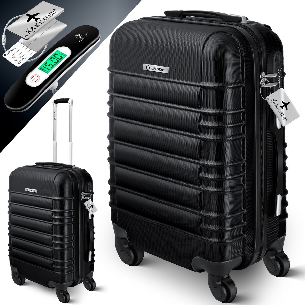 KESSER® 1x Handbagagekoffer Incl. Bagageweger + Bagagelabel - Reiskoffer Trolley Koffertje met 4 Wielen en Cijferslot, ABS Hardcase Bagagerolkoffer, Telescopisch handvat - Handbagage Koffer 55cm - 55L, Zwart
