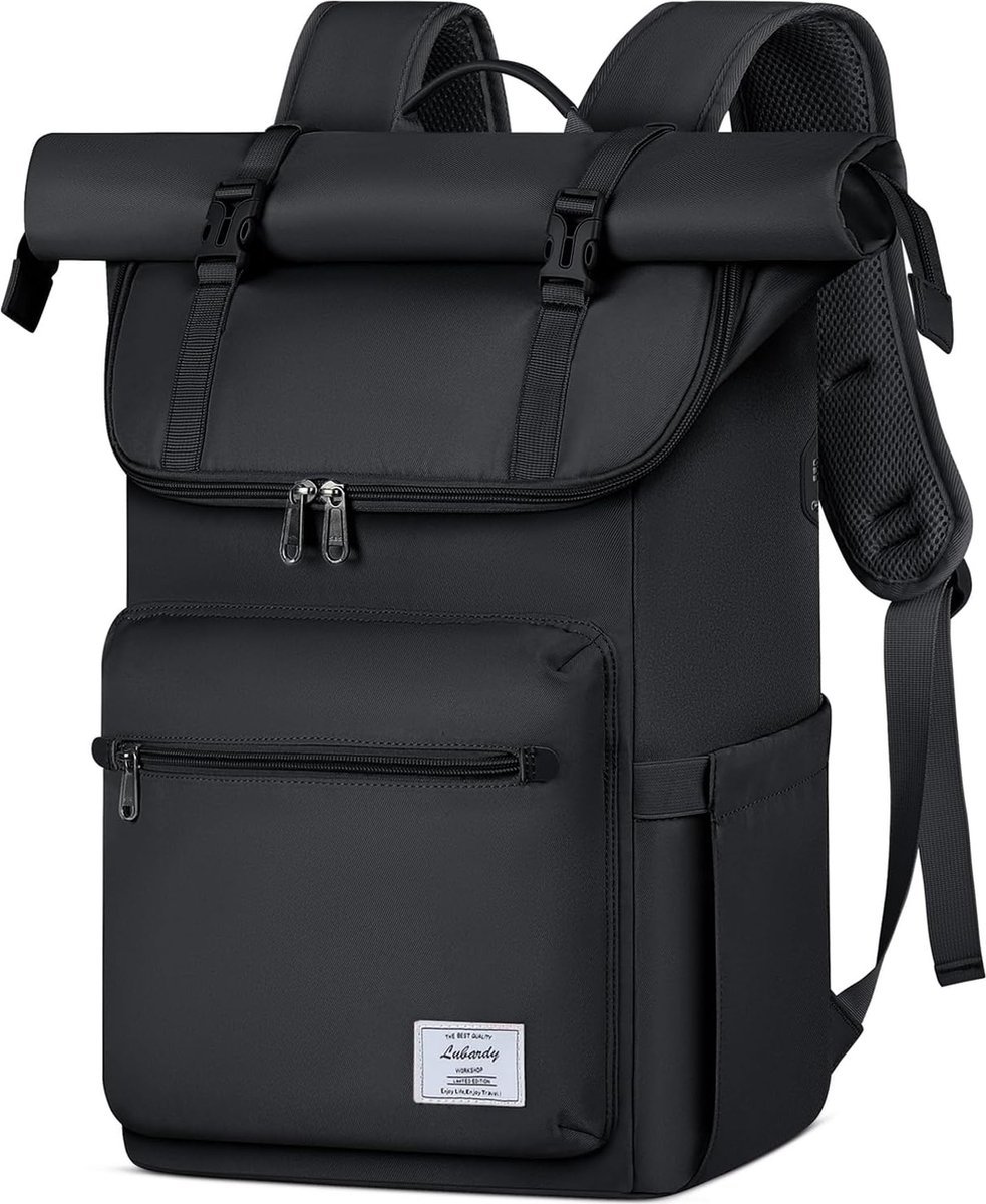 Rolltop Backpack Men Women Waterproof Backpack Men's Laptop Backpack 17 Inch with USB Hole School Backpack Daypacks for University Work Travel Leisure, black, Rucksack