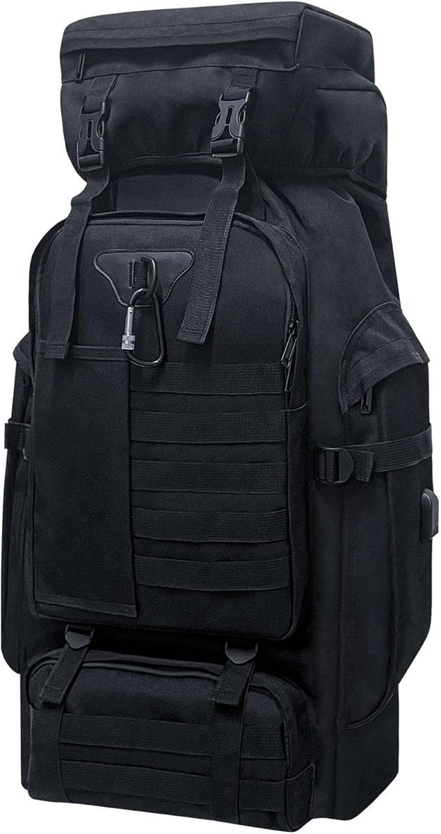 Camping Rugzak 80L - Extra Grote Waterdichte Outdoor Rugtas voor Dames & Heren - Verstelbare Rugzak met MOLLE-Systeem (Modulair Uitbreidbaar) - Militaire Backpack voor Trekking, Reizen & Survival - USB Poort & Karabijnhaak - Zwart