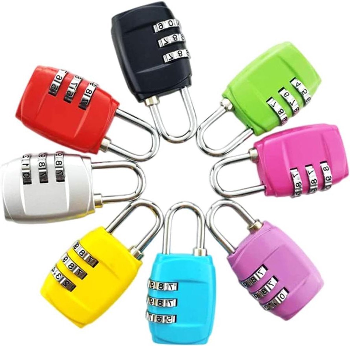 Allecto Plus - Bagagesloten 8 stuks met beveiligingscombinatiesloten voor bagage tassen - 3-cijferige combinatie hangslot van zinklegering voor thuis, kantoor en gymkluis (8 kleuren)