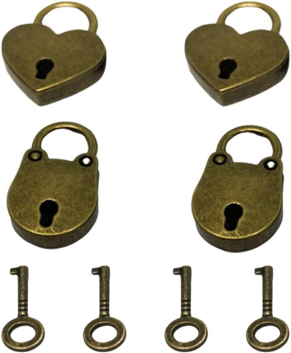 Allecto Plus - Hangslot antiek mini-hangslot berenvorm hartvormig - inclusief 4 stuks - geschikt voor koffer lade dagboeken kasten