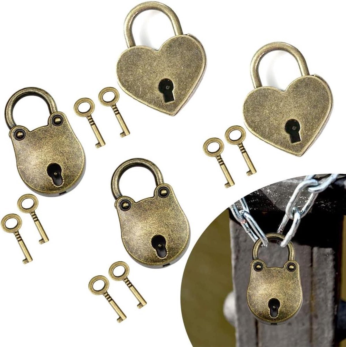 Allecto Plus - Set van 4 antieke hangsloten in vintage stijl - Hartvormig en beer vorm - Metalen mini sloten - Antiek hangslot met sleutels voor schatkist en sieraden doos
