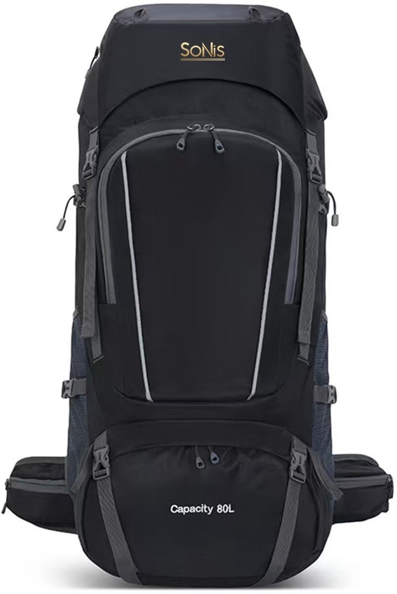 SoNis Backpack - Adventure - Zwart - Wandelrugzak - Trekking Rugzak - Heupriem - Lichtgewicht - 80 Liter - waterdicht - bescherm hoes - dames & heren