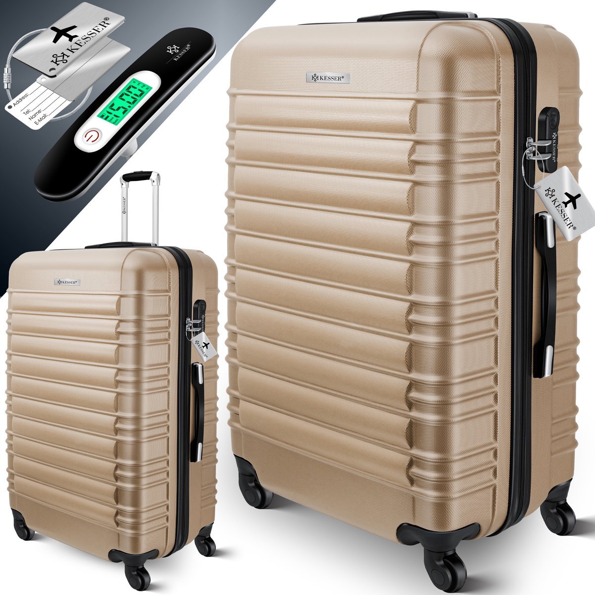 KESSER® 1x Koffer Incl. Bagageweger + Bagagelabel - Reiskoffer met 4 Wielen en Cijferslot, ABS Hardcase, Telescopisch handvat Trolley Bagagerolkoffer - 75cm - 120L, Champagne