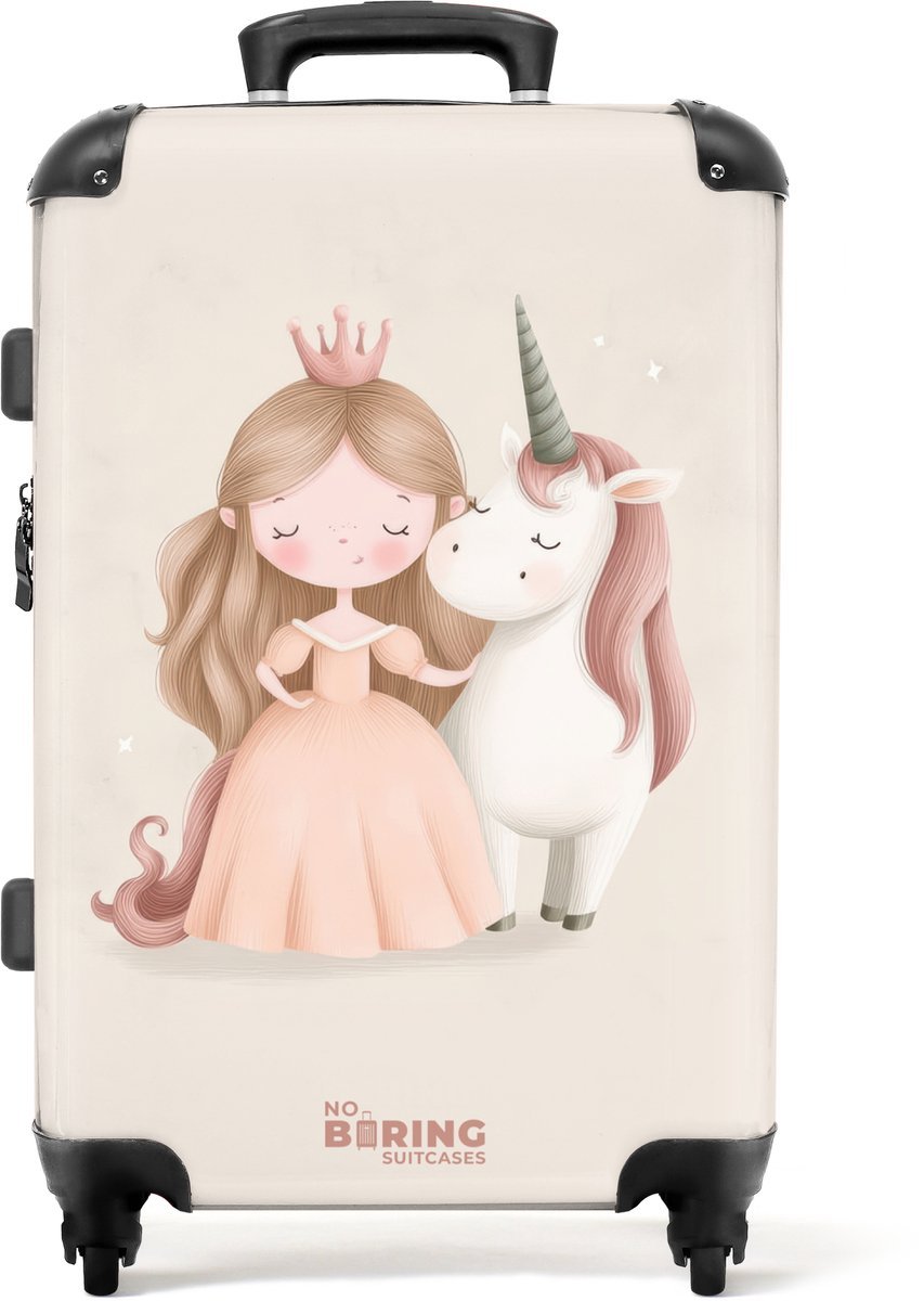 NoBoringSuitcases.com® - Kinderkoffer meisje - Kindertrolley meisjes - Prinses en een eenhoorn in pastel kleuren - Koffer kind groot - Rolkoffer lichtgewicht - Reiskoffer met 4 wielen - Grote trolley XL - 20 kg bagage