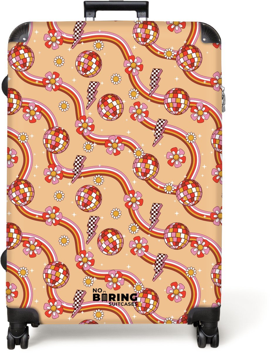 NoBoringSuitcases.com® - Koffer groot - Reiskoffer lichtgewicht - Retro disco 70s bloem patroon kleurrijk - Rolkoffer met 4 wielen - Grote trolley XL - 98 liter bagage