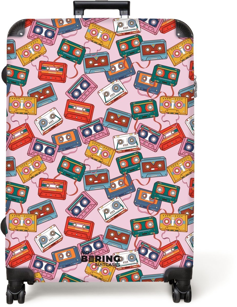 NoBoringSuitcases.com® - Koffer groot - Reiskoffer lichtgewicht - Retro disco cassettes patroon kleurrijk - Rolkoffer met 4 wielen - Grote trolley XL - 98 liter bagage