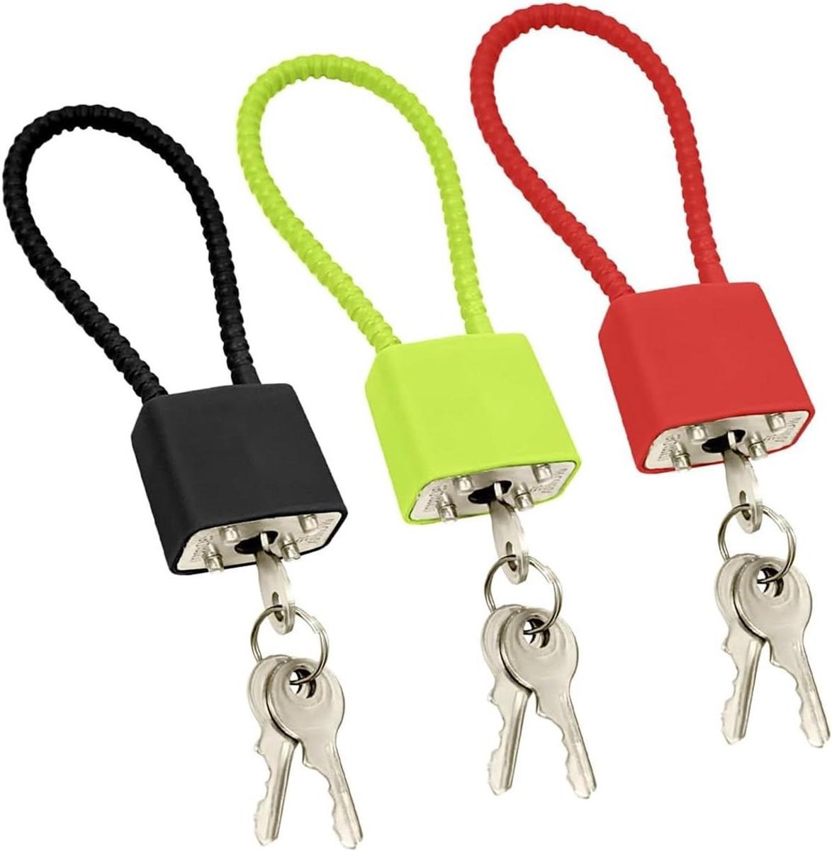 3-delig hangslot met sleutel en staalkabel voor poorten, schuren en fietsen - veilig sluitsysteem in zwart, rood en groen