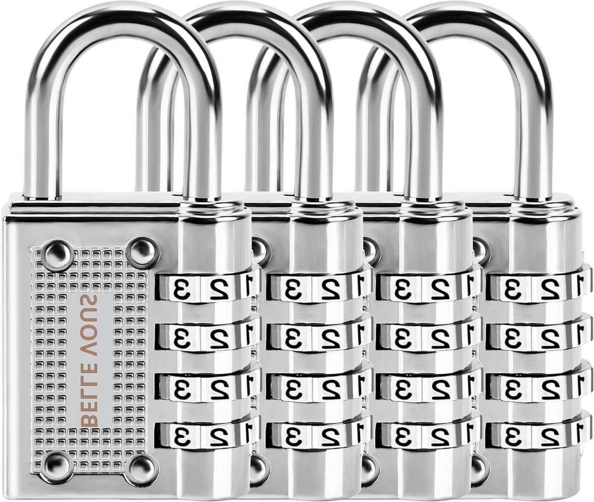 4-Pack Zware Kwaliteit Hangsloten met 4 Cijferige Combinatie - Waterdicht Veiligheidsslot voor Lockers, Hekken en Tralies - Geschikt voor Gym & School - 4,1 x 1,4 x 8 cm