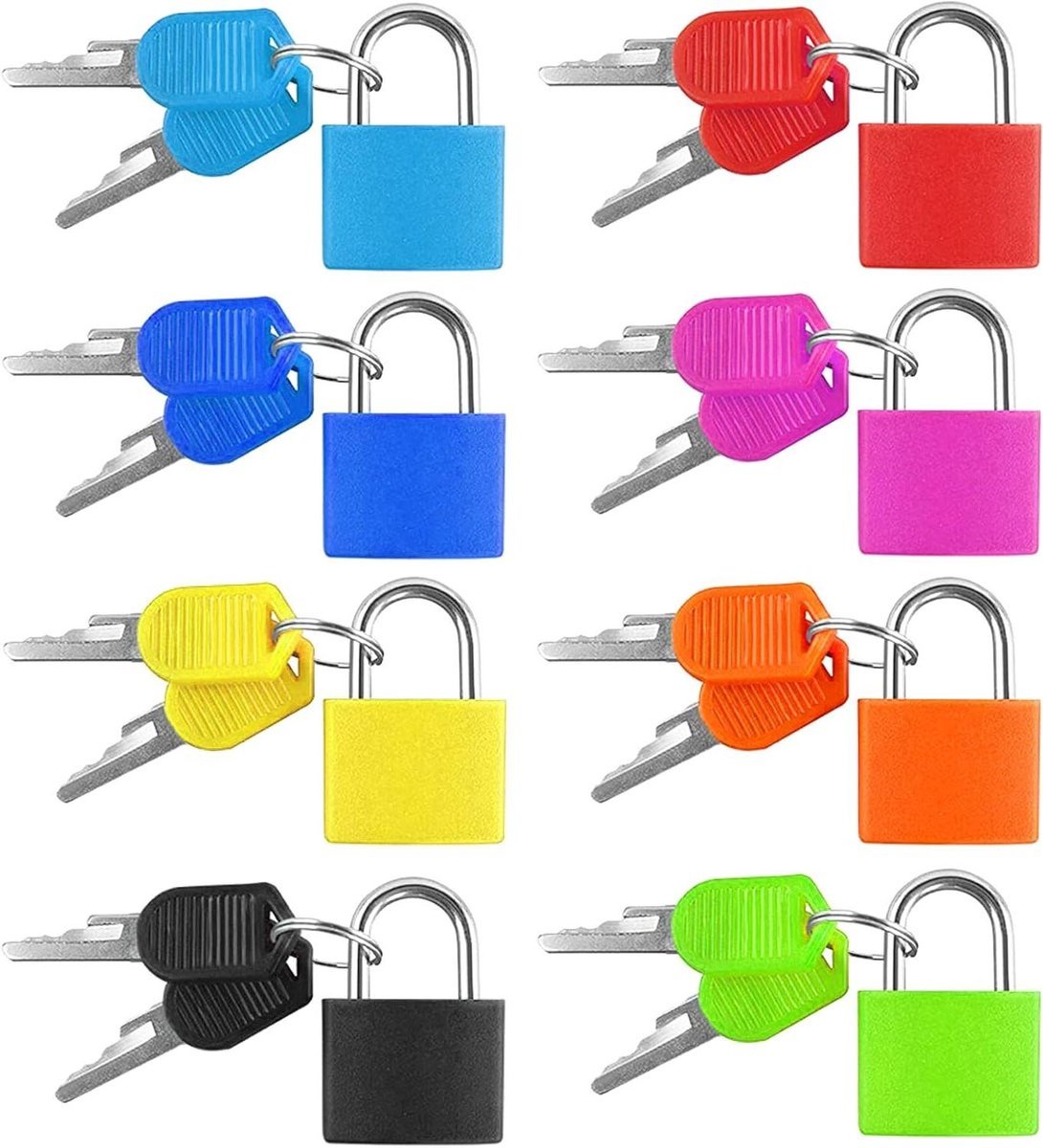 Allecto Plus - Koffersloten met sleutels, 8 stuks voor reizen en bagage, veelkleurige hangsloten met mini-metalen design.
