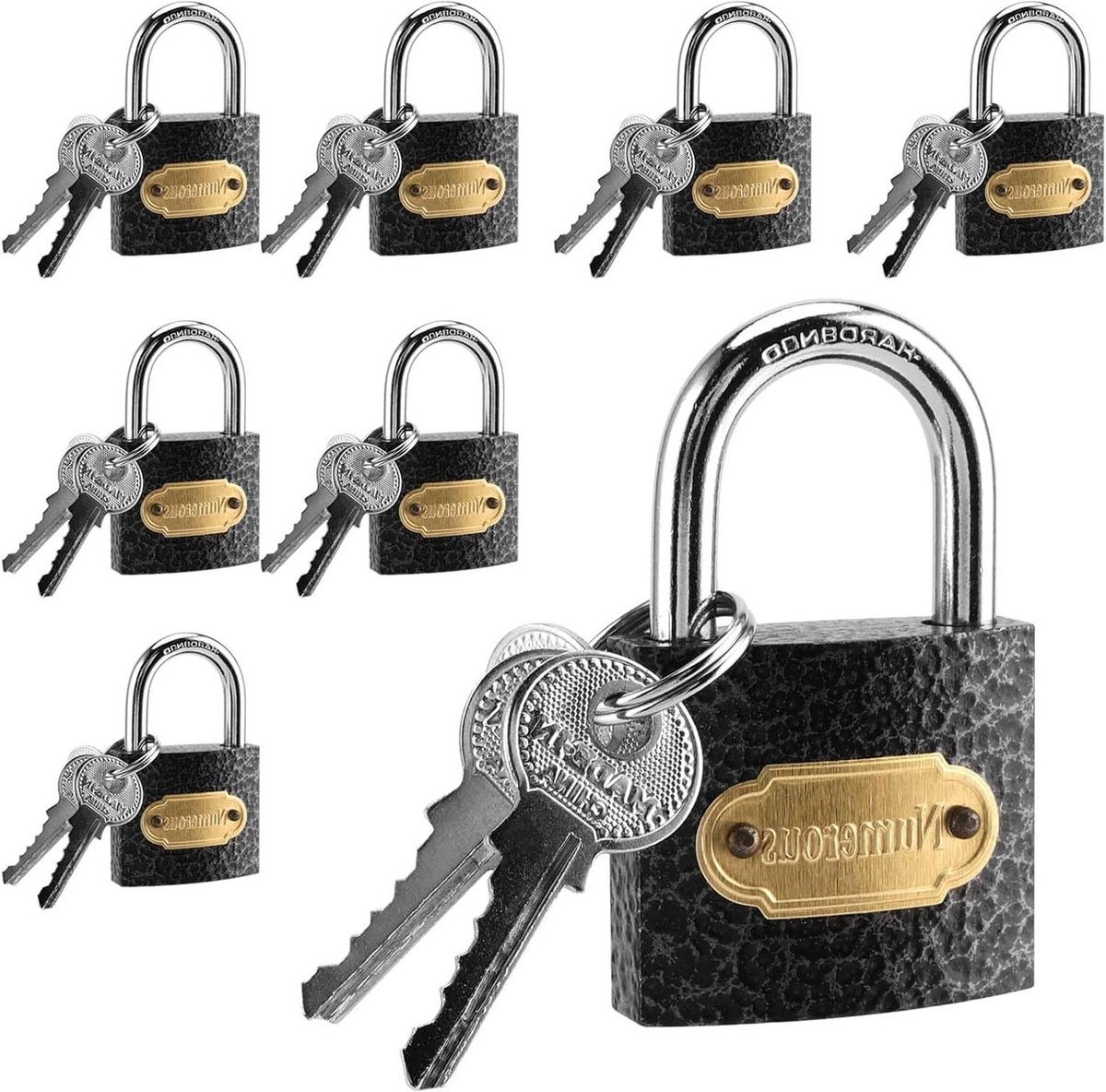 Hangsloten 38 mm, koperen kern, zwaar belastbaar, sleutel, buitenhangslot, gereedschapskist, deuren, schuur, magazijn, kasten, zwart - 8 stuks