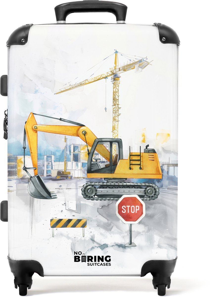 NoBoringSuitcases.com® - Kinderkoffer groot - Kindertrolley koffer - Graafmachine - Kraan - Bouwplaats - Rolkoffer lichtgewicht - Reiskoffer met 4 wielen - Grote trolley XL - 20 kg bagage