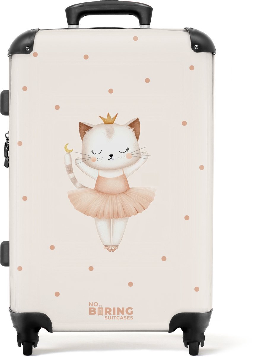 NoBoringSuitcases.com® - Kinderkoffer meisje - Kindertrolley meisjes - Ballerina kitten in beige kleuren - Koffer kind groot - Rolkoffer lichtgewicht - Reiskoffer met 4 wielen - Grote trolley XL - 20 kg bagage