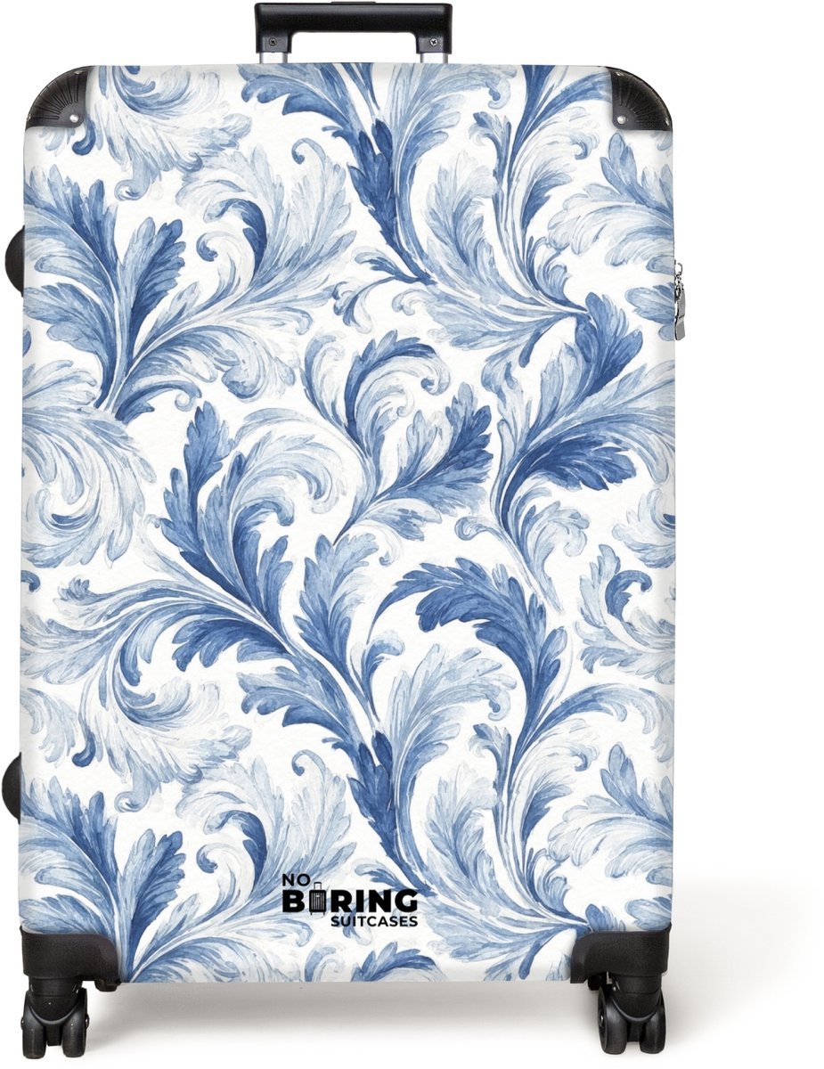 NoBoringSuitcases.com® - Koffer groot - Reiskoffer lichtgewicht - Barok bladeren patroon blauw - Rolkoffer met 4 wielen - Grote trolley XL - 98 liter bagage