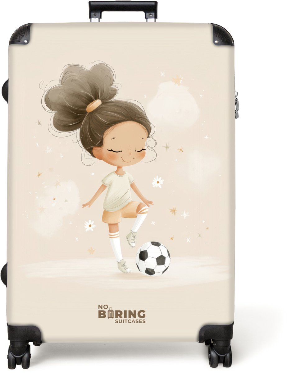NoBoringSuitcases.com® - Koffer groot - Reiskoffer lichtgewicht - Meisje met een voetbal in beige kleuren - Rolkoffer met 4 wielen - Grote trolley XL - 98 liter bagage