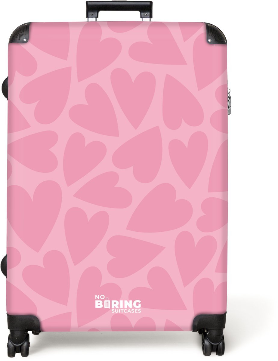 NoBoringSuitcases.com® - Koffer groot - Reiskoffer lichtgewicht - Roze hartjes patroon - Rolkoffer met 4 wielen - Grote trolley XL - 98 liter bagage