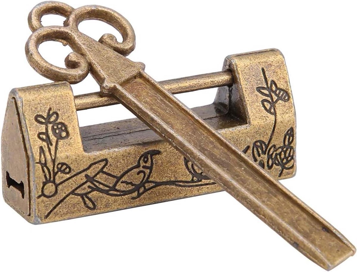 Allecto Plus - Traditioneel Chinees Hangslot met Bloemdesign en Mini Sleutel - Vintage Meubeldecoratie - Brons Kleurig