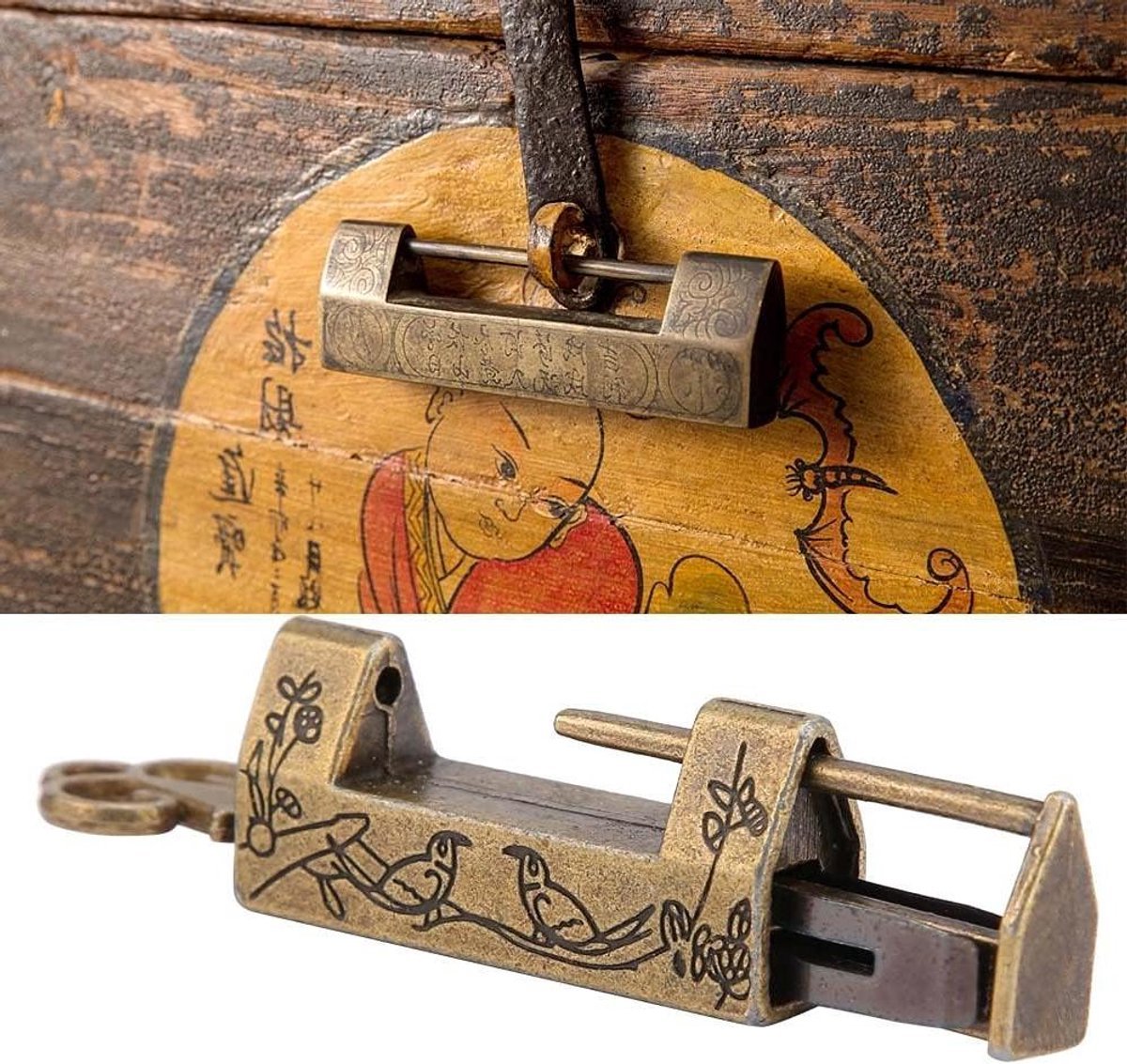 Allecto plus - Decoratief vintage hangslot en sleutel met Chinees bloem en vogel design voor sieradendoos/lade - Antiek bronzen uitstraling