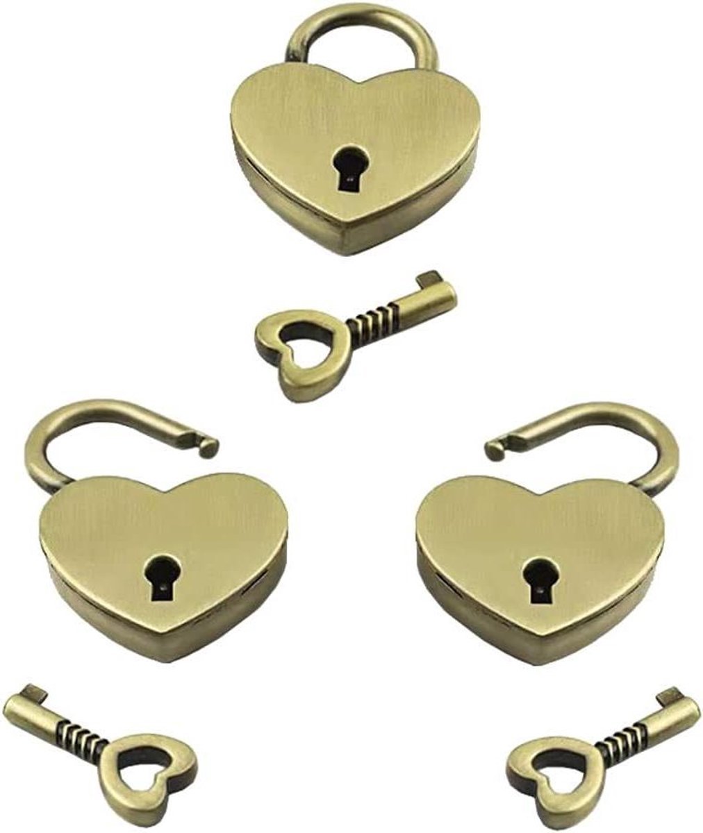 Allecto plus - Mini Hangslot Antiek 3 Stuks - Hart Liefdesslot Met Sleutel - Klein Slot met Sleutelbos