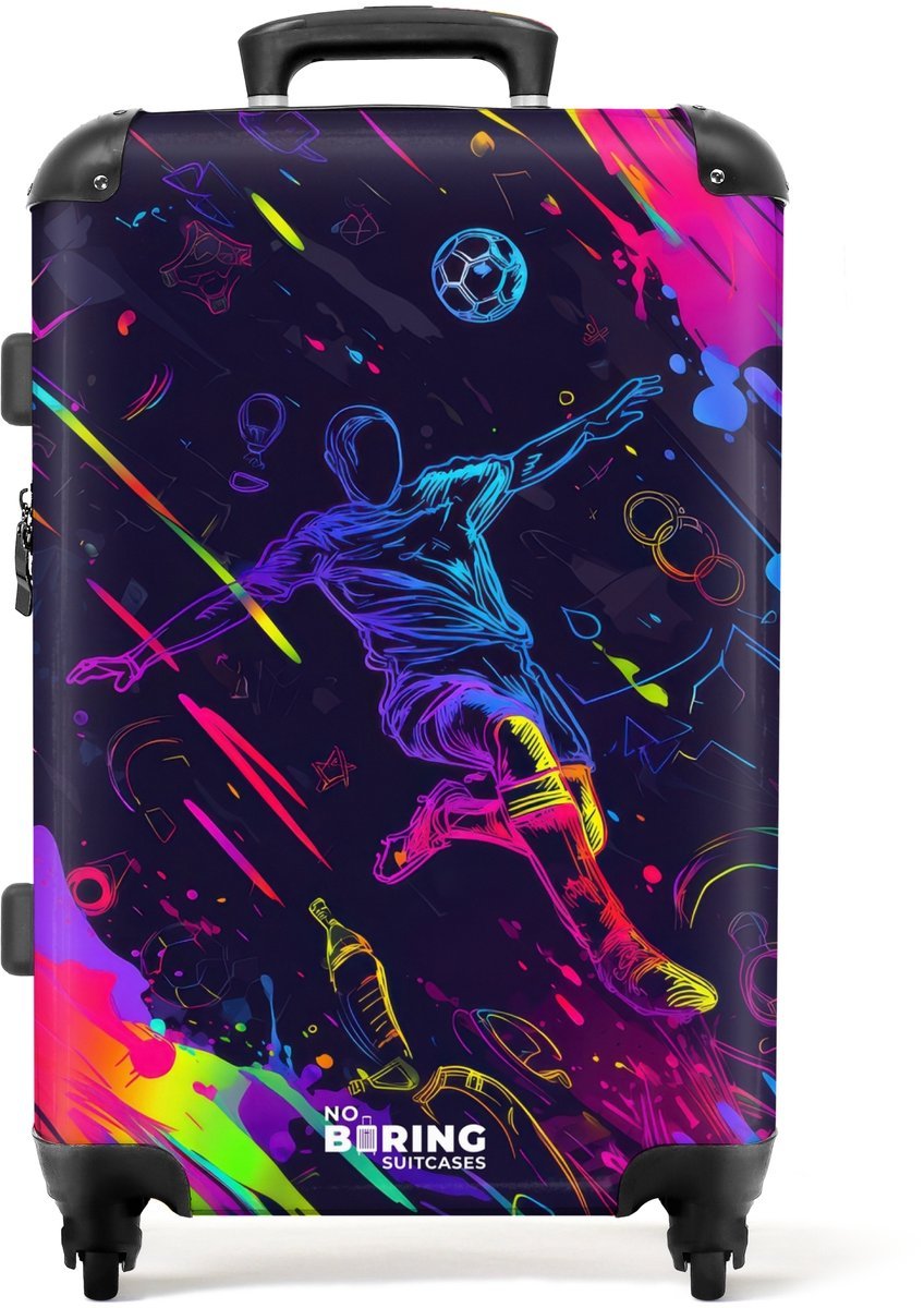 NoBoringSuitcases.com® - Kinderkoffer jongen - Kindertrolley jongens - Neon actievolle voetbalspeler - Koffer kind groot - Rolkoffer lichtgewicht - Reiskoffer met 4 wielen - Grote trolley XL - 20 kg bagage