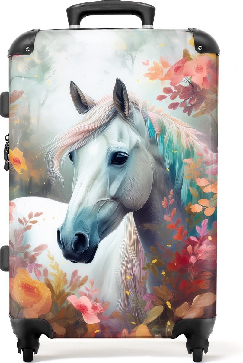 NoBoringSuitcases.com® - Kinderkoffer meisje - Wit paard - Kindertrolley meisjes - Koffer kind groot - Rolkoffer lichtgewicht - Reiskoffer met 4 wielen - Grote trolley XL - 20 kg bagage