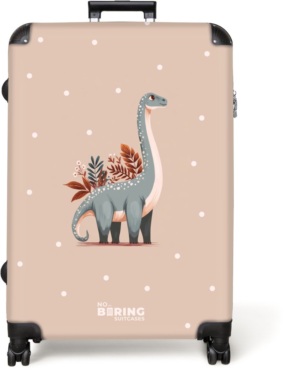 NoBoringSuitcases.com® - Koffer groot - Reiskoffer lichtgewicht - Blauwe dinosaurus op een beige stippenachtergrond - Rolkoffer met 4 wielen - Grote trolley XL - 98 liter bagage