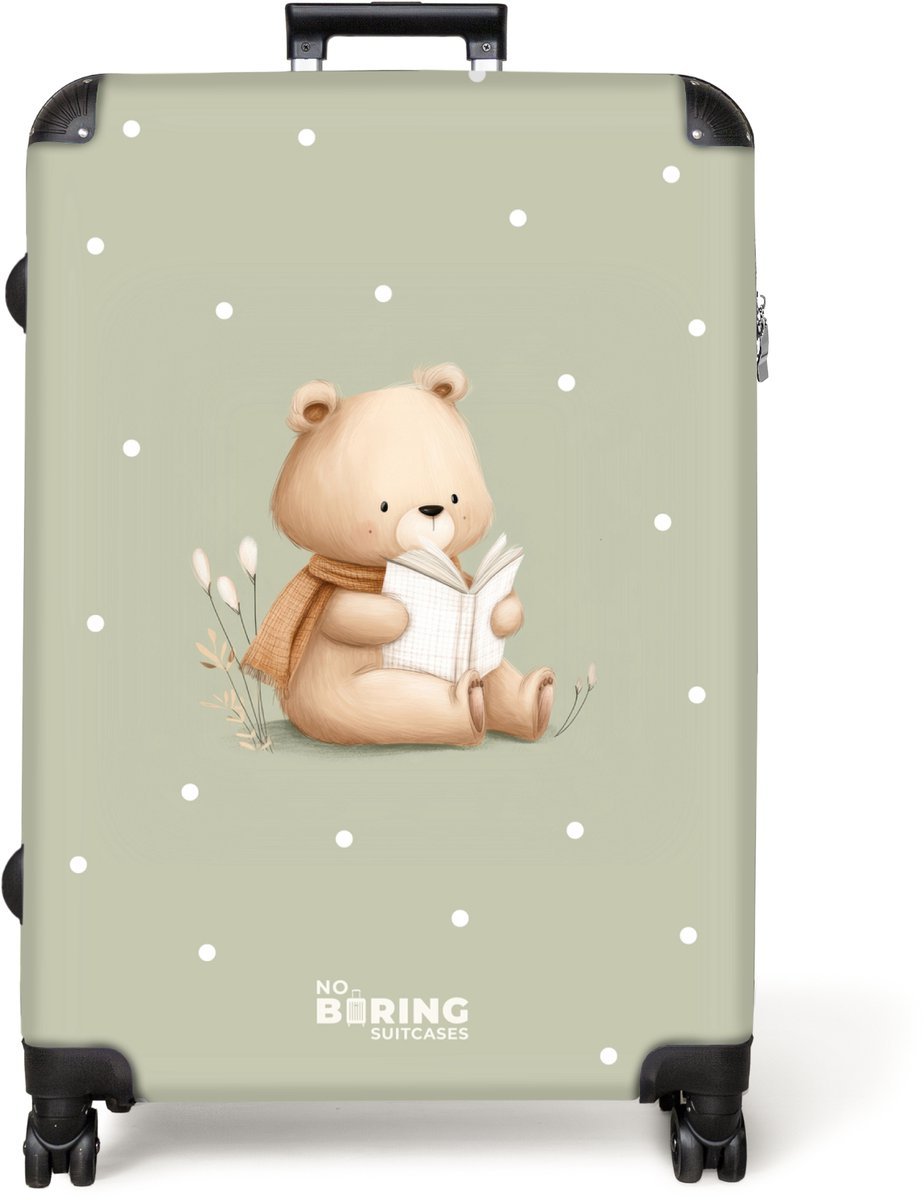 NoBoringSuitcases.com® - Koffer groot - Reiskoffer lichtgewicht - Een bruine beer die een boek leest - Groen - Rolkoffer met 4 wielen - Grote trolley XL - 98 liter bagage