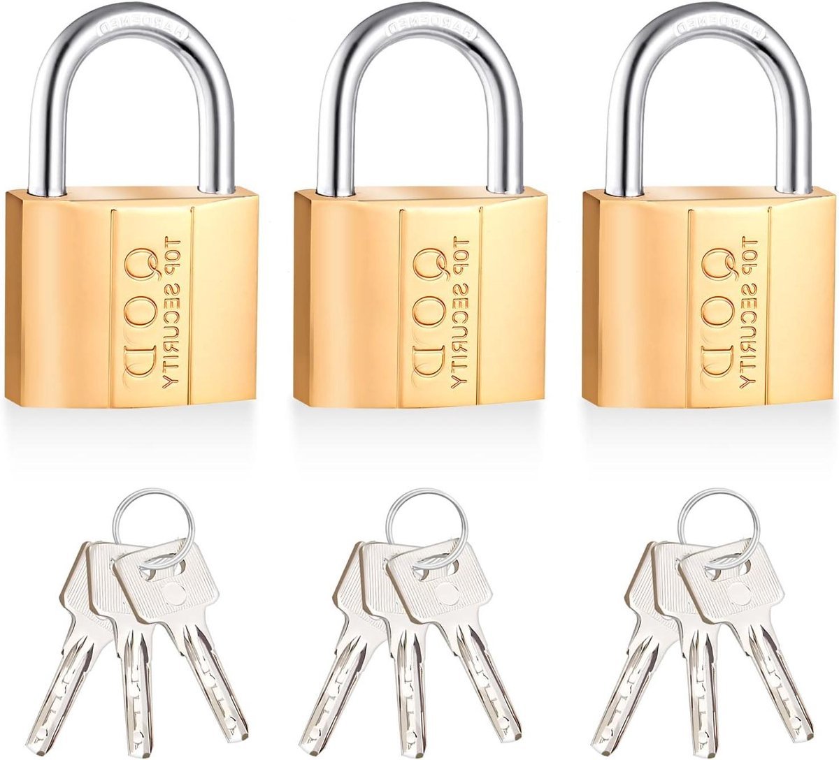 Premium - Hangslot 38 mm, 3 stuks messing hangslot met 9 sleutels voor kluisjes en koffer