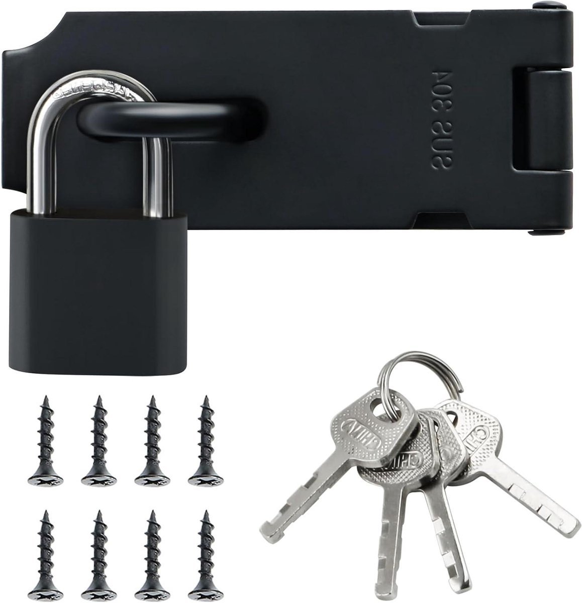 TTGoods - Roestvrij stalen deurgrendel met hangslot - overval slot voor extra veiligheid - zwart - geschikt voor poort, raam en omheining