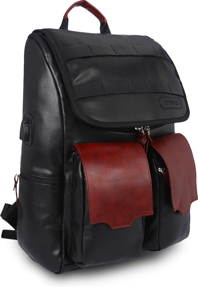 Urban - Rugzak, Werktas, Laptoptas - Office bag - Rugtas - Backpack - Vegan Leather - Black Maroon - 26L